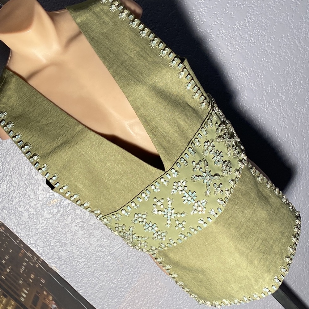TORY BURCH - NWT - vest tank: olive ’Rachel’ embellished linen, deepV hooks - 14